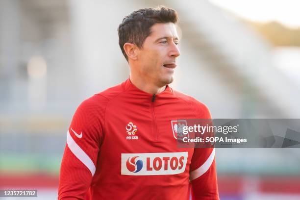 Robert Lewandowski of Poland in action during the official training session of the Polish national football team before FIFA World Cup Qatar 2022...