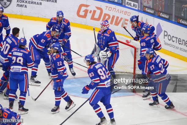 Hockey Club players seen in action during the Kontinental Hockey League, Regular Season, KHL 2021/22 between SKA Saint Petersburg and Lokomotiv...