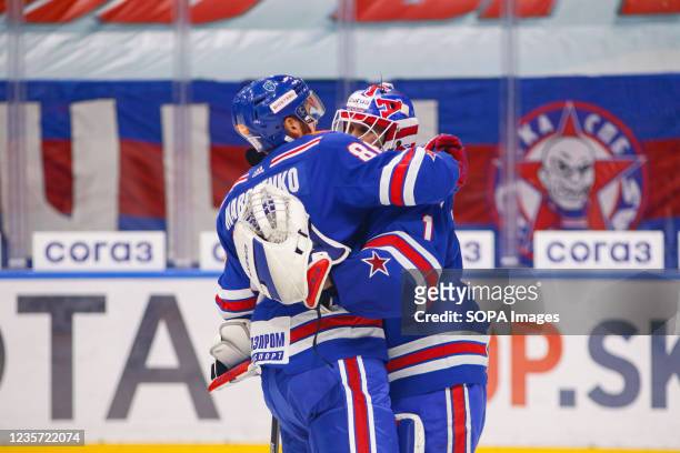 Hockey Club players, Lars Johansson and Kirill Marchenko in action during the Kontinental Hockey League, Regular Season, KHL 2021/22 between SKA...