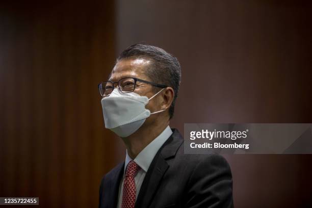 Paul Chan, Hong Kong's financial secretary, attends a policy address by Chief Executive Carrie Lam at the Legislative Council in Hong Kong, China, on...