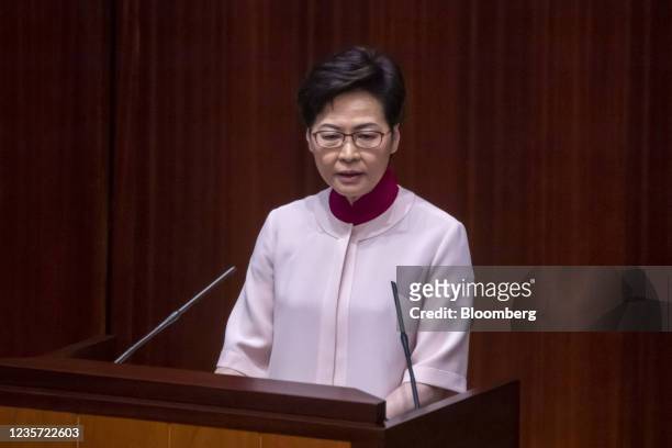 Carrie Lam, Hong Kong's chief executive, delivers her policy address at the Legislative Council in Hong Kong, China, on Wednesday, Oct. 6, 2021....