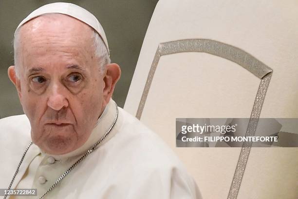 Pope Francis looks on during the weekly general audience on October 6, 2021 at Paul-VI hall in the Vatican.