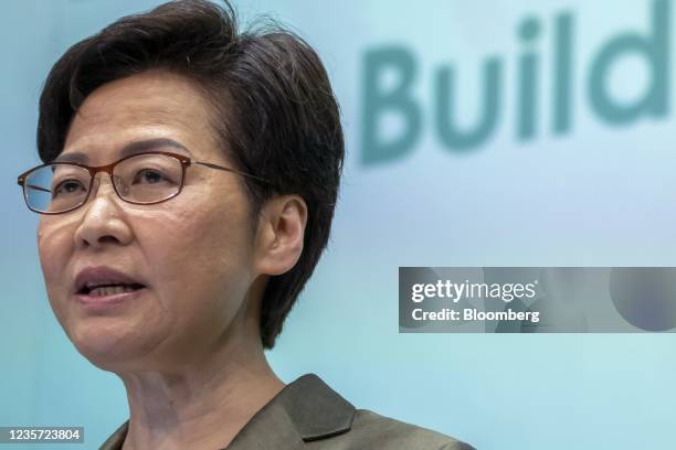 Carrie Lam, Hong Kong's chief executive, speaks during a news conference in Hong Kong, China, on Wednesday, Oct. 6, 2021. In the last annual policy...