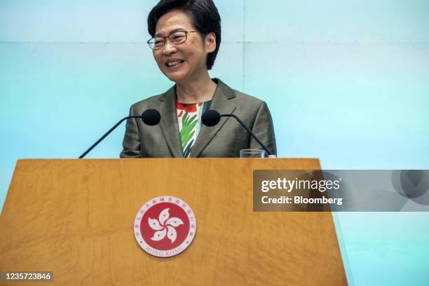 Carrie Lam, Hong Kong's chief executive, reacts during a news conference in Hong Kong, China, on Wednesday, Oct. 6, 2021. In the last annual policy...
