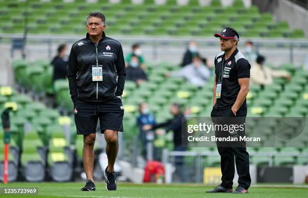 Dublin , Ireland - 3 July 2021; Japan head coach Jamie Joseph, left, and assistant coach Tony Brown before the International Rugby Friendly match...