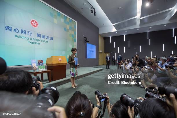 Carrie Lam, Hong Kong's chief executive, attends a news conference in Hong Kong, China, on Wednesday, Oct. 6, 2021. In the last annual policy address...