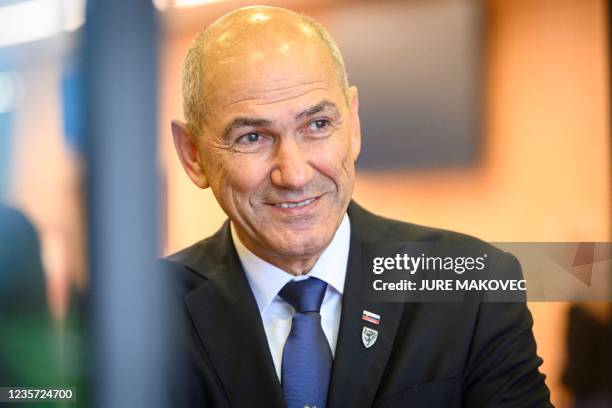 Slovenia's Prime Minister Janez Jansa reacts at the beginning the EU-Western Balkans summit at Brdo Congress Centre, near Ljubljana on October 6,...