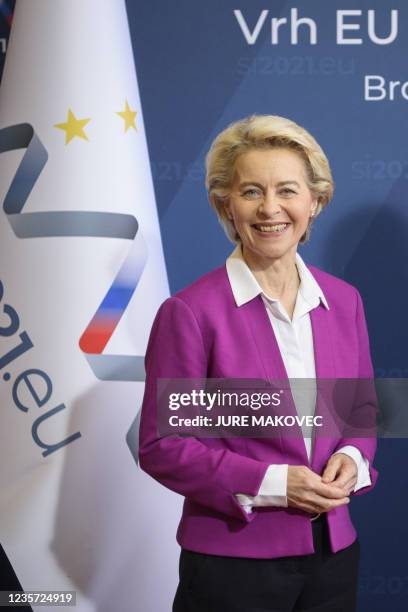 European Commission President Ursula von der Leyen reacts as she arrives at the EU-Western Balkans summit in Brdo Congress Centre, near Ljubljana on...