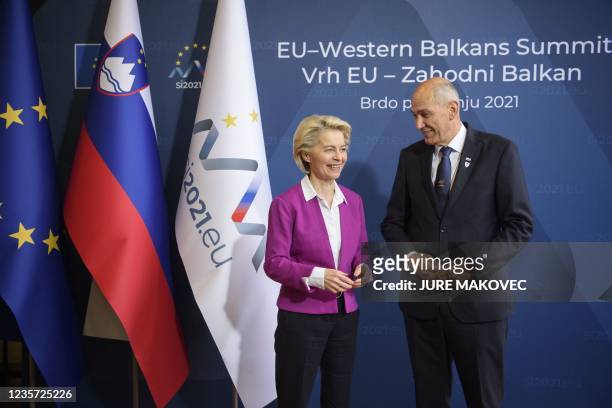 Slovenia's Prime Minister Janez Jansa welcomes European Commission President Ursula von der Leyen for the EU-Western Balkans summit at Brdo Congress...