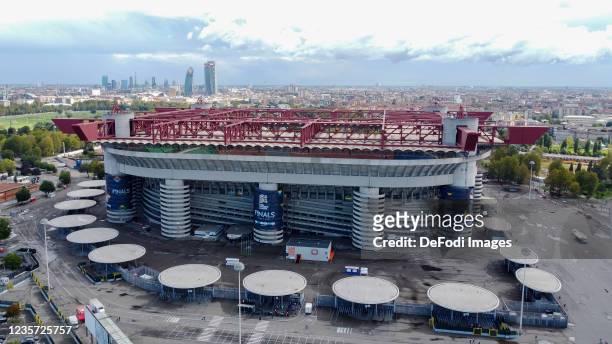 General view outside the stadium from the air prior to the UEFA Nations League Semi-Final match between the Italy and Spain at San Siro Stadium on...