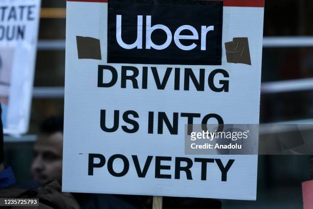 Uber drivers protest for fair wages and commission outside company's headquarters in London, United Kingdom on October 06, 2021.