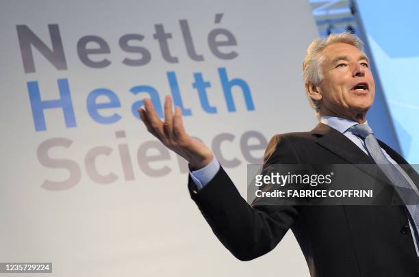 Nestle Chairman Peter Brabeck-Letmathe delivers a speech during a press conference at the Swiss Federal Institute of Technology on September 27, 2010...