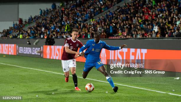 Rangers' Glen Kamara shieds the ball from Sparta's Tomas Wiesner during a UEFA Europa League group stage match between Celtic and Bayer Leverkusen at...