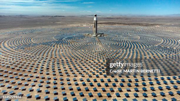 Aerial view of a thermosolar power plant in Antofagasta, Chile, the first in in Latin America, on September 22, 2021. - The photovoltaic plant, with...