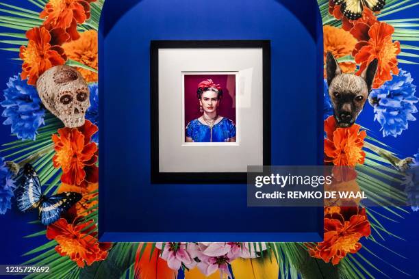 View shows a portrait of Mexican artist Frida Kahlo during the exhibition "Viva la Vida!", featuring art and personal objects of the artist, at the...