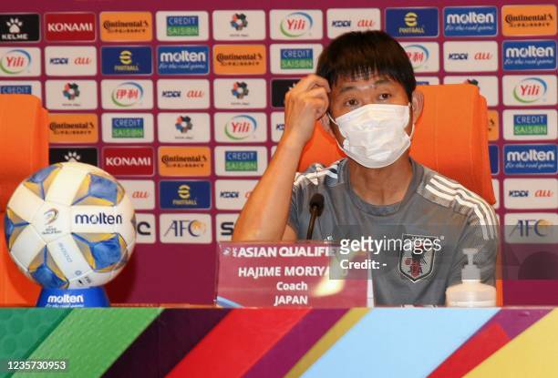 Japan's coach Hajime Moriyasu attends a press conference on the eve of Qatar 2022 World Cup Qualifier match against Saudi Arabia, in Jeddah on...
