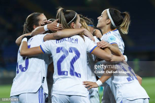 Lorena Navarro of Real Madrid celebrates after scoring his team's first goal with teammates during the UEFA Women's Champions League group B match...