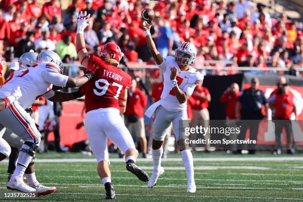 Ohio State Buckeyes quarterback C.J. Stroud during the college football game between the Ohio State Buckeyes and Rutgers Scarlet Knights on October...