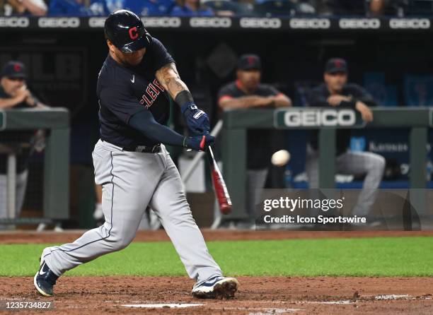 Cleveland Indians left fielder Harold Ramirez bats during a Major League Baseball game between the Cleveland Indians and the Kansas City Royals on...