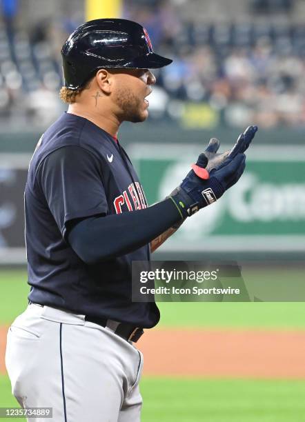 Cleveland Indians left fielder Harold Ramirez argues a call at first that he was out during a Major League Baseball game between the Cleveland...
