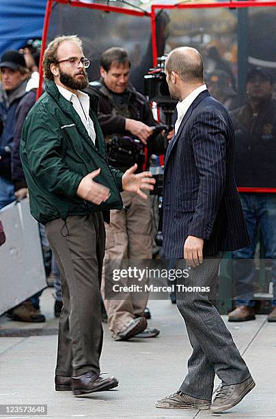 Actor Jason Statham is seen on the set of the movie " Safe" on location on the streets of Manhattan on October 22, 2010 in New York, New York.