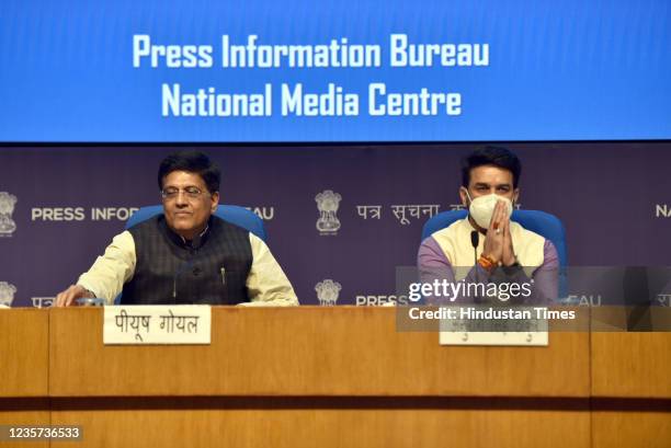 Union Minister of Commerce and Industry, Piyush Goyal and Minister of State for Finance of India Anurag Singh Thakur address a press conference at...