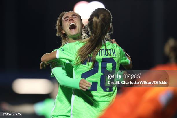 Tabea Wassmuth of Wolfsburg celebrates scoring their 3rd goal with Jill Roord during the UEFA Women's Champions League group A match between Chelsea...