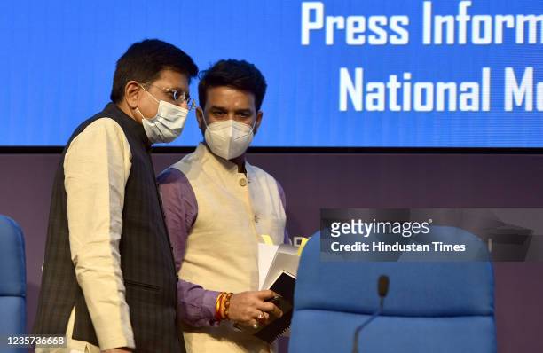 Union Minister of Commerce and Industry, Piyush Goyal and Minister of State for Finance of India Anurag Singh Thakur address a press conference at...