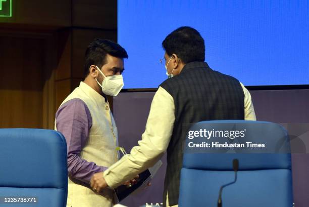 Union Minister of Commerce and Industry, Piyush Goyal and Minister of State for Finance of India Anurag Singh Thakur address a press conference at...