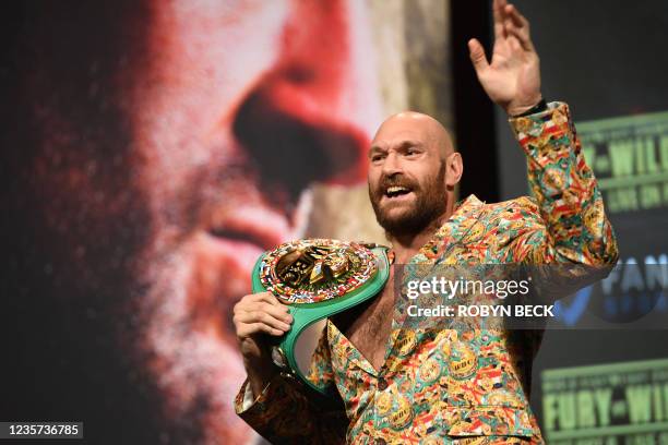 British champion boxer Tyson Fury attends a press conference for his WBC heavyweight championship fight against challenger US boxer Deontay Wilder,...