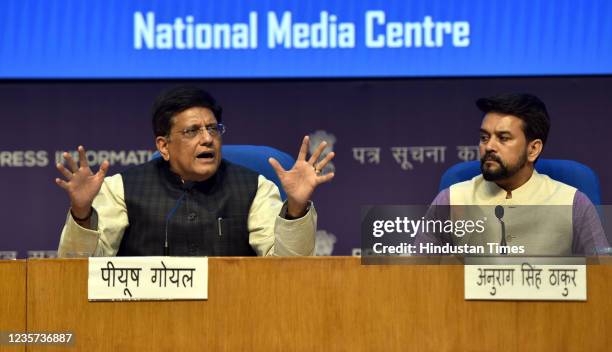 Union Minister of Commerce and Industry, Piyush Goyal and Minister of State for Finance of India Anurag Singh Thakur address a press conference at...