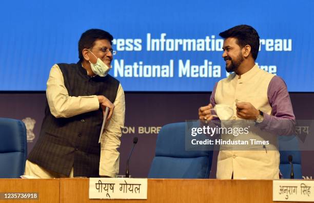 Union Minister of Commerce and Industry, Piyush Goyal and Minister of State for Finance of India Anurag Singh Thakur address a press conference at...