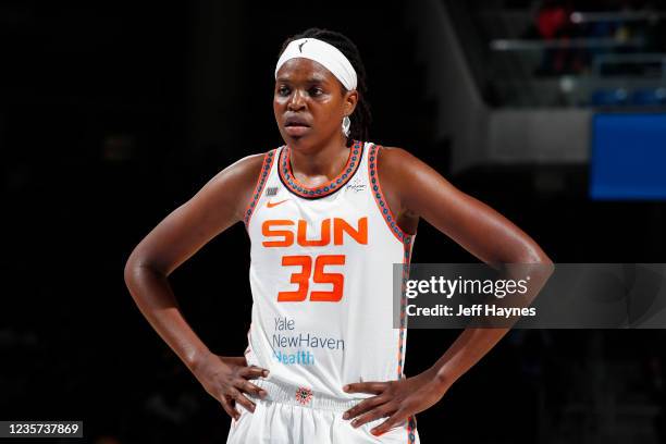 Jonquel Jones of the Connecticut Sun looks on against the Chicago Sky during Game Four of the 2021 WNBA Semifinals on October 6, 2021 at the Wintrust...