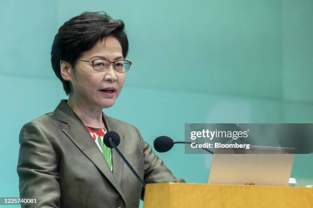 Carrie Lam, Hong Kong's chief executive, speaks during a news conference in Hong Kong, China, on Wednesday, Oct. 6, 2021. In the last annual policy...