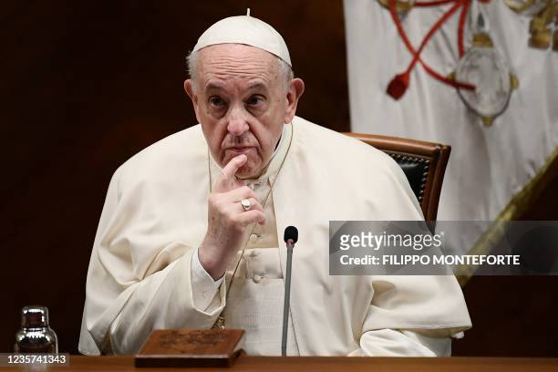 Pope Francis ponders during the inauguration of a UNESCO chair at the Pontifical Lateran University on October 7, 2021 in Rome.