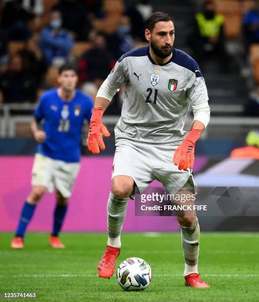 Italy's goalkeeper Gianluigi Donnarumma controls the ball during the UEFA Nations League semifinal football match between Italy and Spain at the San...