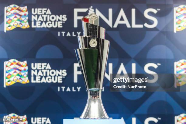 Nations League Trophy is seen during UEFA Nations League Trophy Experience event in Milan, Italy on October 6, 2021.