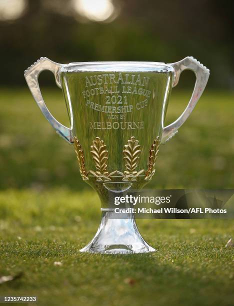 The 2021 premiership cup is seen during the Melbourne Demons AFLW training session at Goschs Paddock on October 07, 2021 in Melbourne, Australia.