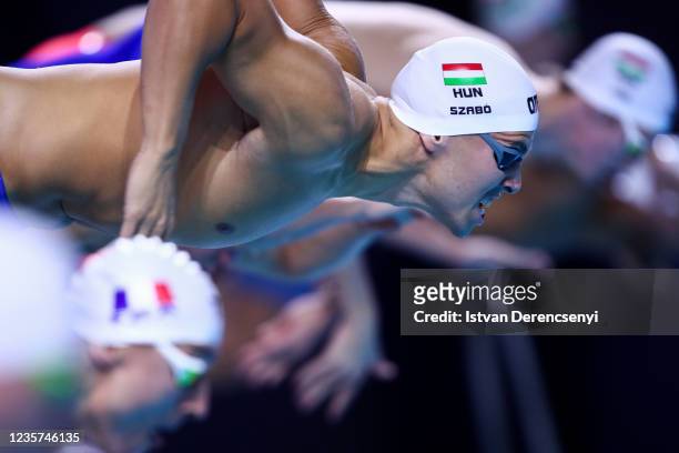 Szebasztian Szabo of Hungary competes in the Men's 100m Butterfly heat on day one of the FINA Swimming World Cup in the Duna Arena on October 07,...