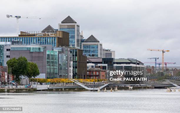 Picture shows the skyline of the business and financial sector of Dublin city centre on October 7, 2021. - The government of Ireland, one of the few...