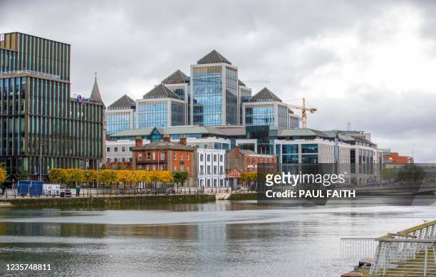 Picture shows the skyline of the business and financial sector of Dublin city centre on October 7, 2021. - The government of Ireland, one of the few...