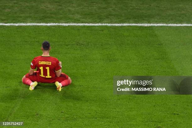 Belgium's midfielder Yannick Carrasco celebrates after scoring a goal during the UEFA Nations League semi-final football match between Belgium and...