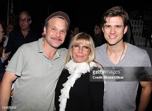 Norbert Leo Butz, Nancy Sinatra and Aaron Tveit pose backstage at the hit musical "Catch Me If You Can" on Broadway at The Neil Simon Theater on June...