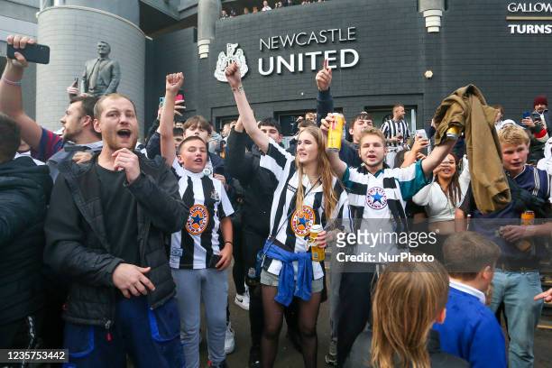 Newcastle United fans celebrate the sale of the club to the Consortium of Amanda Stavely, Jamie Rueben and PIF Scenes at St. James's Park, Newcastle...