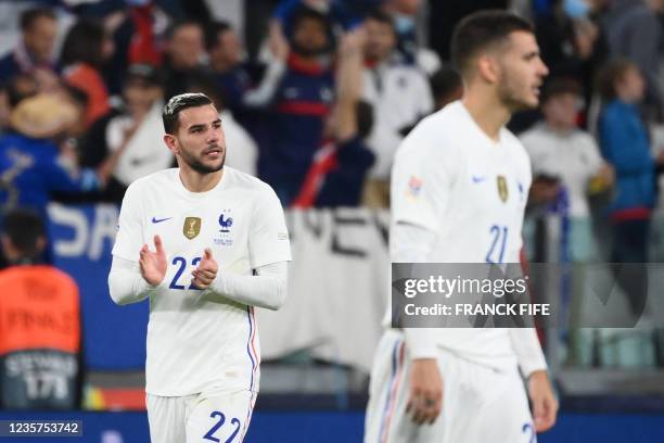 France's defender Theo Hernandez celebrates next to his brother Lucas Hernandez after scoring a goal during the UEFA Nations League semi-final...