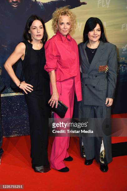 Nicolette Krebitz, Katja Riemann and Jasmin Tabatabai attend the "Fly" premiere at Zoo Palast on October 7, 2021 in Berlin, Germany.