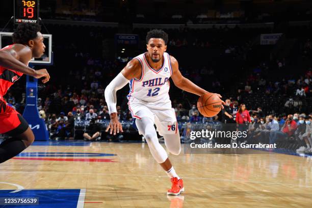 Tobias Harris of the Philadelphia 76ers drives to the basket against the Toronto Raptors during a preseason game on October 7, 2021 at Wells Fargo...