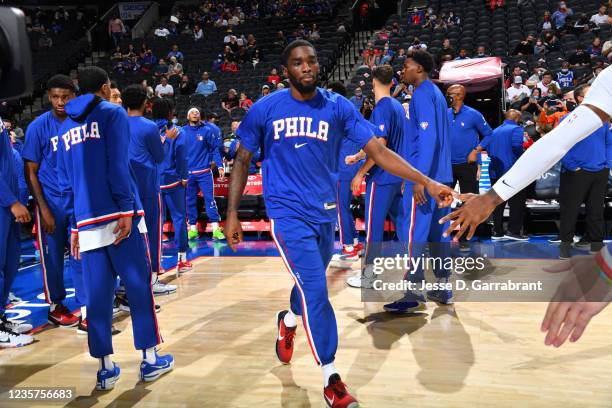 Shake Milton of the Philadelphia 76ers is introduced before a preseason game on October 7, 2021 at Wells Fargo Center in Philadelphia, Pennsylvania....