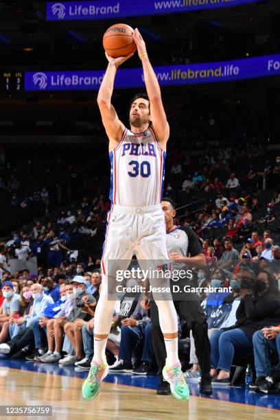 Furkan Korkmaz of the Philadelphia 76ers shoots a three-pointer against the Toronto Raptors during a preseason game on October 7, 2021 at Wells Fargo...