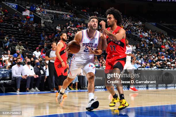 Georges Niang of the Philadelphia 76ers drives to the basket against the Toronto Raptors during a preseason game on October 7, 2021 at Wells Fargo...